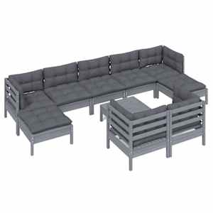 vidaXL Sodo komplektas su pagalvėmis, 10 dalių, pilkas, pu&scaron;ies mediena