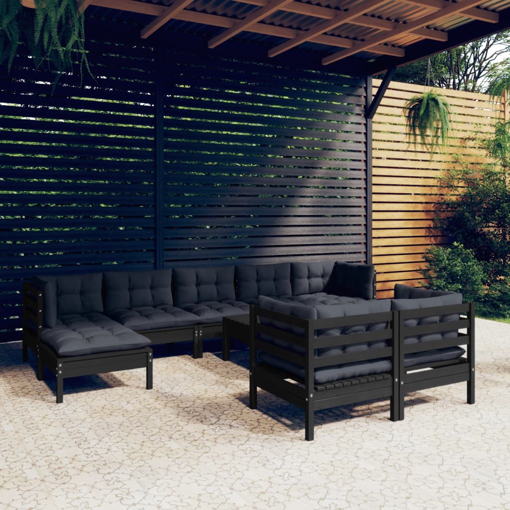 vidaXL 10-tlg. Garten-Lounge-Set mit Kissen Schwarz Kiefer Massivholz