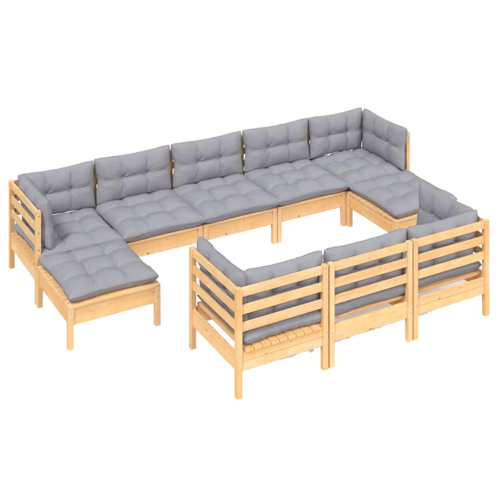 

vidaXL 10-delige Loungeset met grijze kussens massief grenenhout