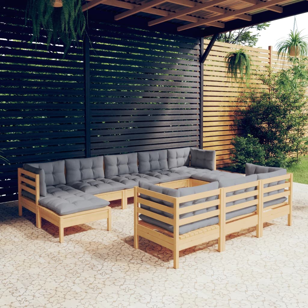 vidaXL 10-cz. zestaw wypoczynkowy do ogrodu, szare poduszki, sosna