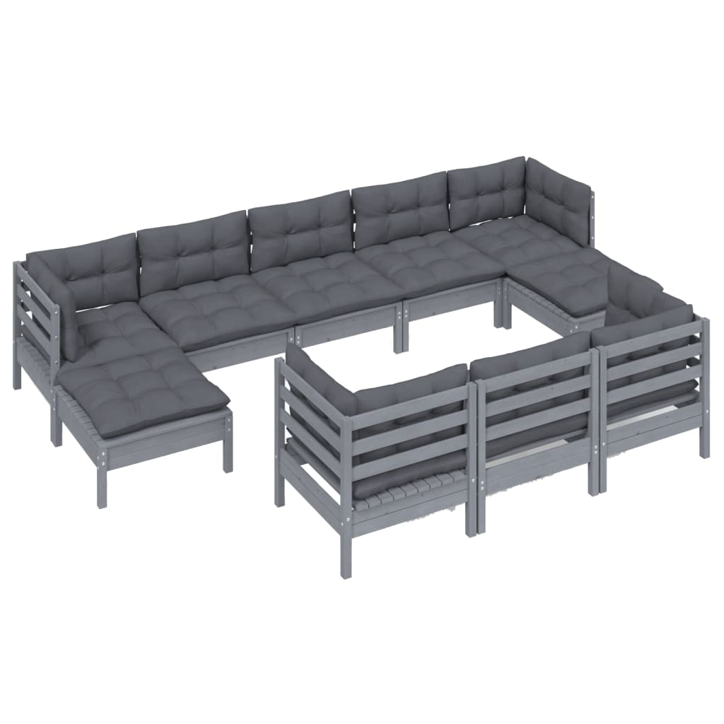 

vidaXL 10-delige Loungeset met kussens massief grenenhout grijs
