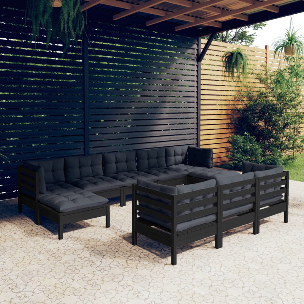 Salon de jardin 10 pcs avec coussins Noir Bois de pin solide