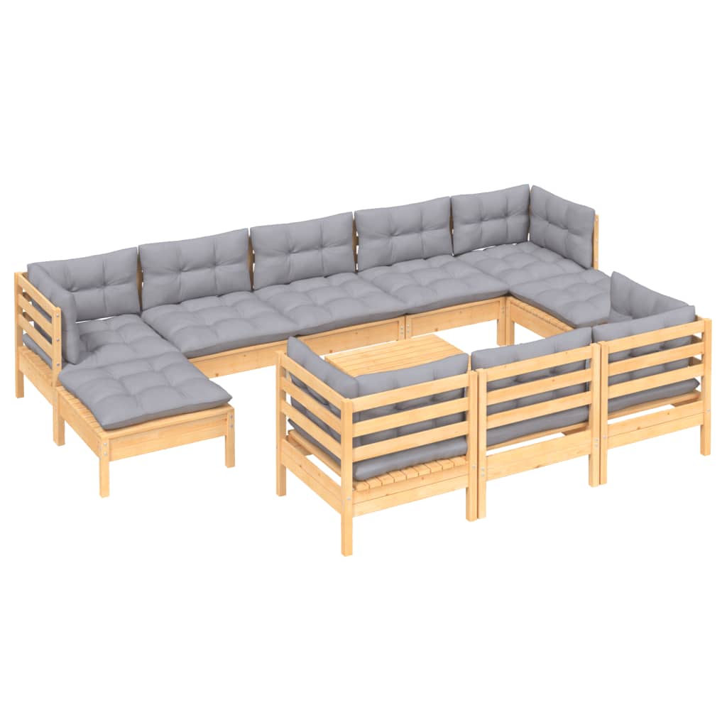 

vidaXL 11-delige Loungeset met grijze kussens massief grenenhout