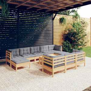 Vrtna sedežna garnitura 11-delna s sivimi blazinami borovina