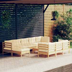 Vrtna sedežna garnitura 11-delna s krem blazinami borovina