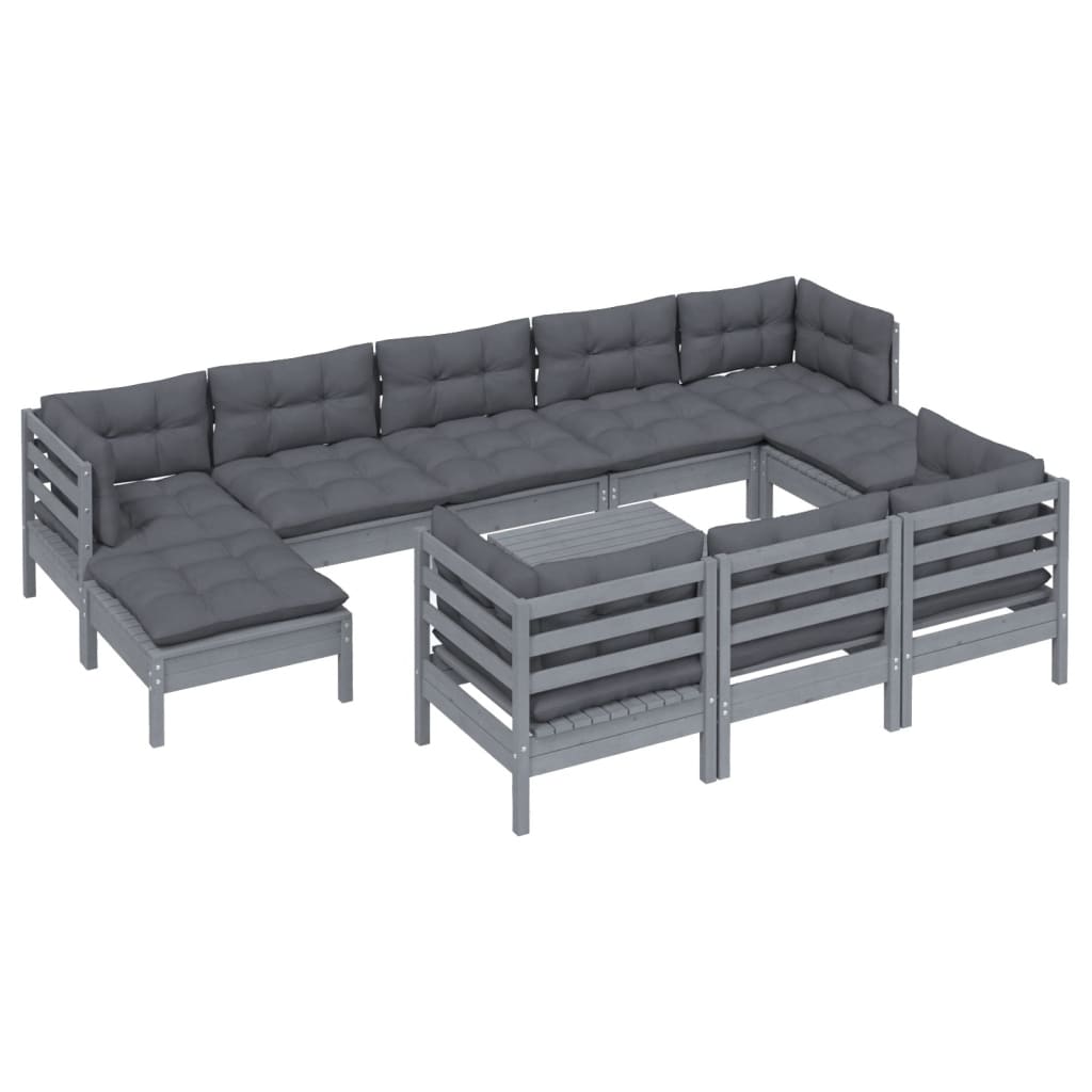 Градински лаундж комплект с възглавници 11 части сив бор масив