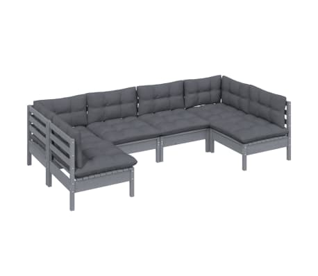 vidaXL Loungegrupp med dynor 6 delar gr&aring; massiv furu