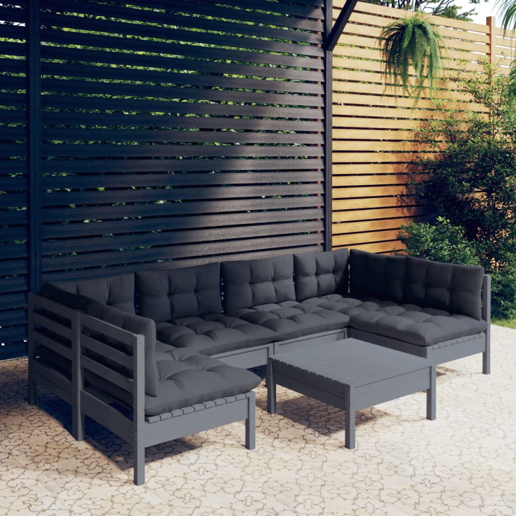 vidaXL 7-tlg. Garten-Lounge-Set mit Kissen Grau Kiefer Massivholz