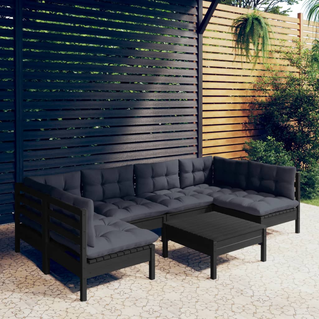 vidaXL 7-tlg. Garten-Lounge-Set mit Kissen Schwarz Kiefer Massivholz