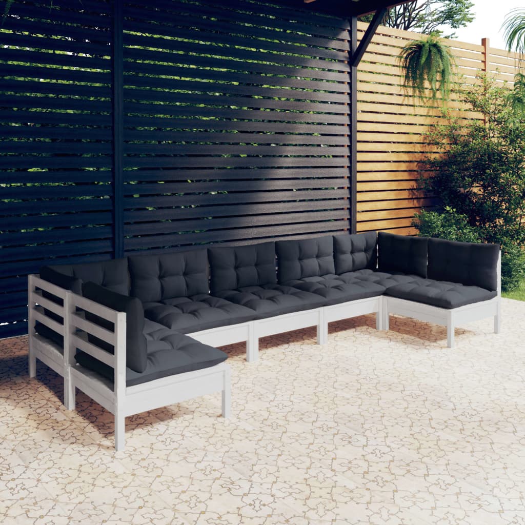 Ogrodowy zestaw wypoczynkowy, drewno sosnowe, biały, antracytowe poduszki, wymiary 63,5x63,5x62,5 cm