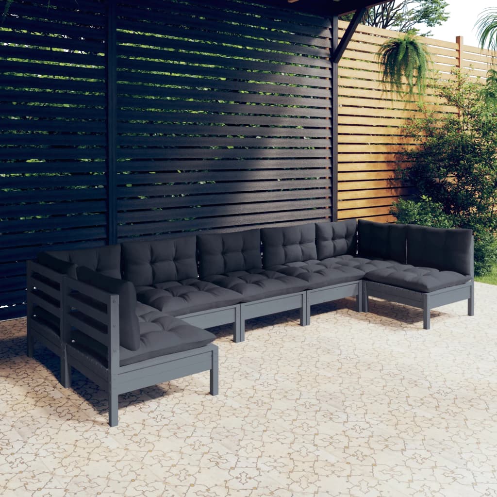 vidaXL 7-tlg. Garten-Lounge-Set mit Kissen Grau Kiefer Massivholz