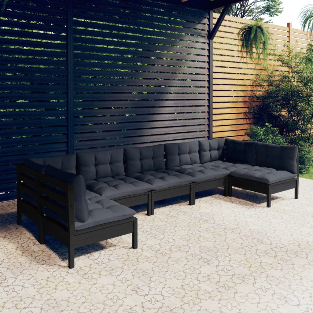 vidaXL 7-tlg. Garten-Lounge-Set mit Kissen Schwarz Massivholz Kiefer