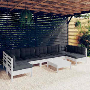 Vrtna sedežna garnitura 8-delna z blazinami bela trdna borovina