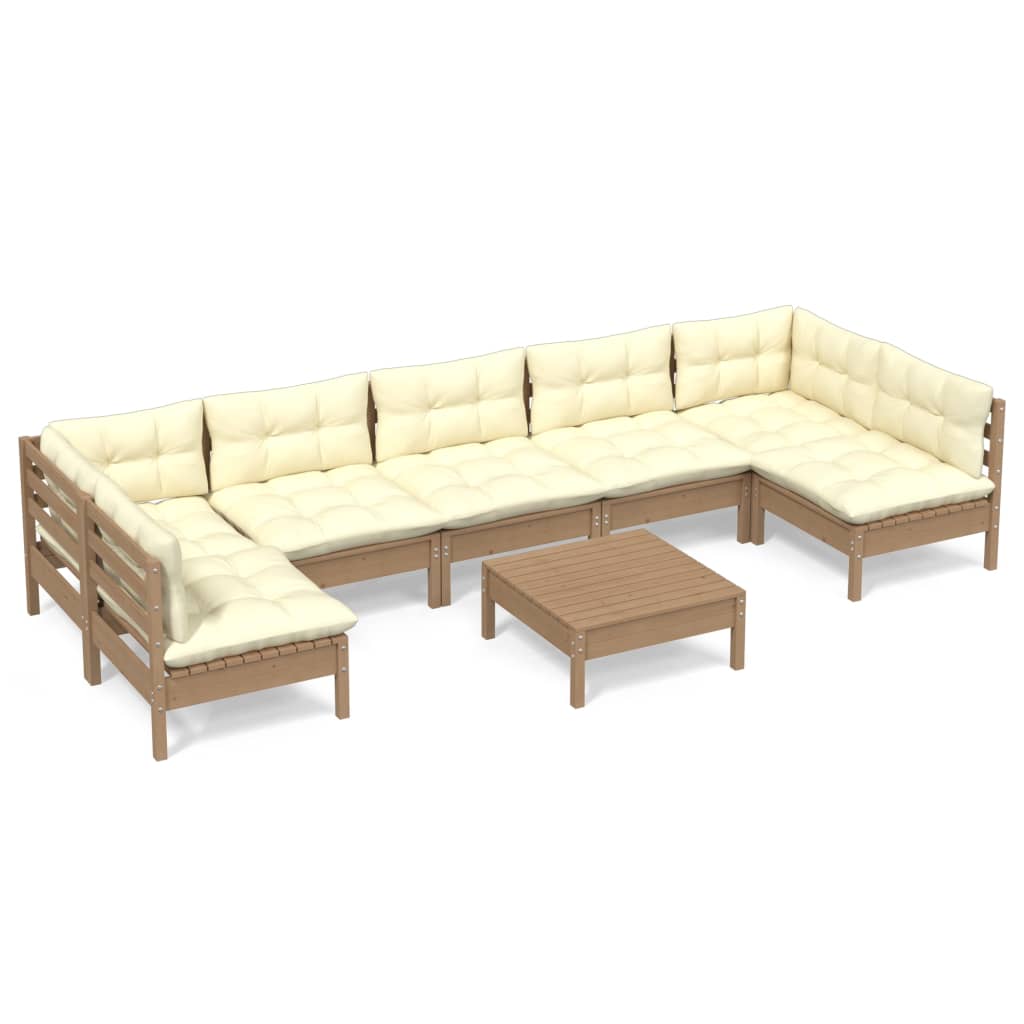 Градински комплект с възглавници, 8 части, меденокафяв, бор