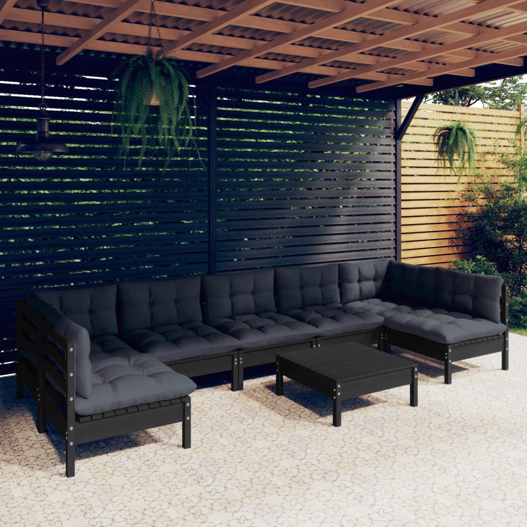 8-tlg. Garten-Lounge-Set mit Kissen Schwarz Massivholz Kiefer