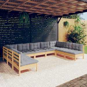 Vrtna sedežna garnitura 9-delna s sivimi blazinami borovina