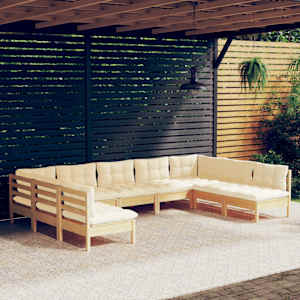 Vrtna sedežna garnitura 9-delna s krem blazinami trdna borovina