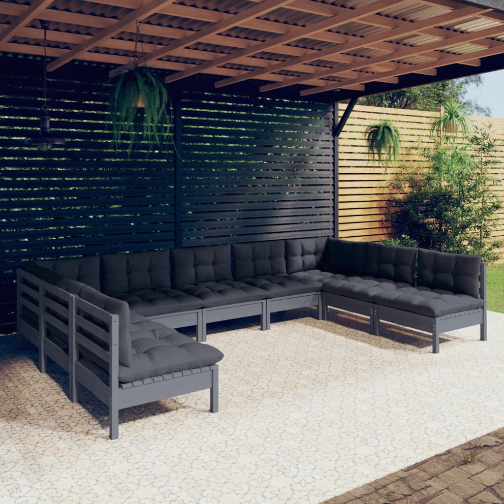 vidaXL 9-tlg. Garten-Lounge-Set mit Kissen Grau Kiefer Massivholz