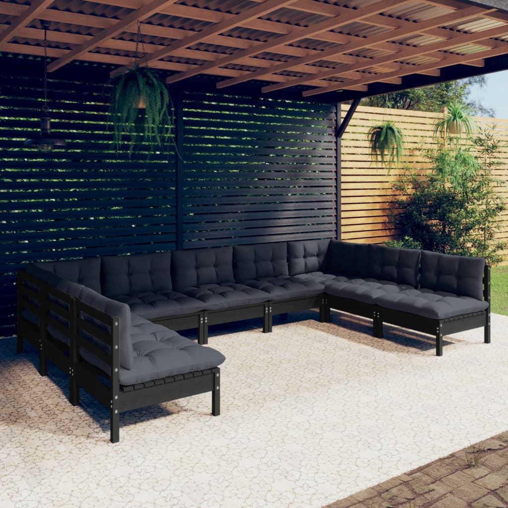 vidaXL 9-tlg. Garten-Lounge-Set mit Kissen Schwarz Massivholz Kiefer