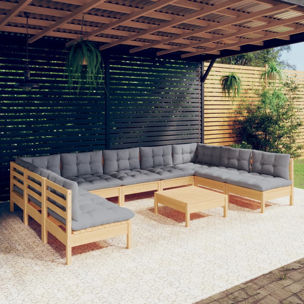 vidaXL 10-tlg. Garten-Lounge-Set mit Grauen Kissen Kiefer Massivholz