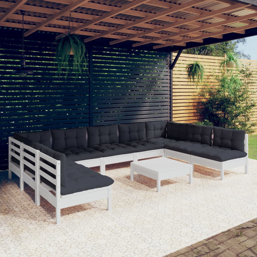 vidaXL 10-tlg. Garten-Lounge-Set mit Kissen Weiß Kiefer Massivholz