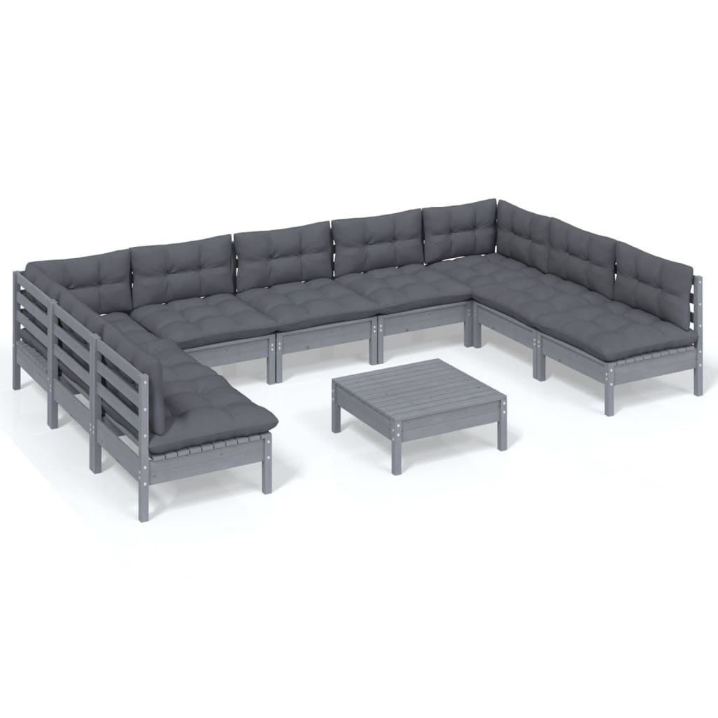 Set mobilier de grădină cu perne 10 piese gri lemn masiv de pin