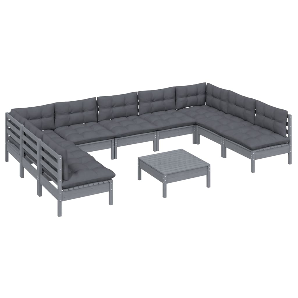Set mobilier de grădină cu perne 10 piese gri lemn masiv de pin