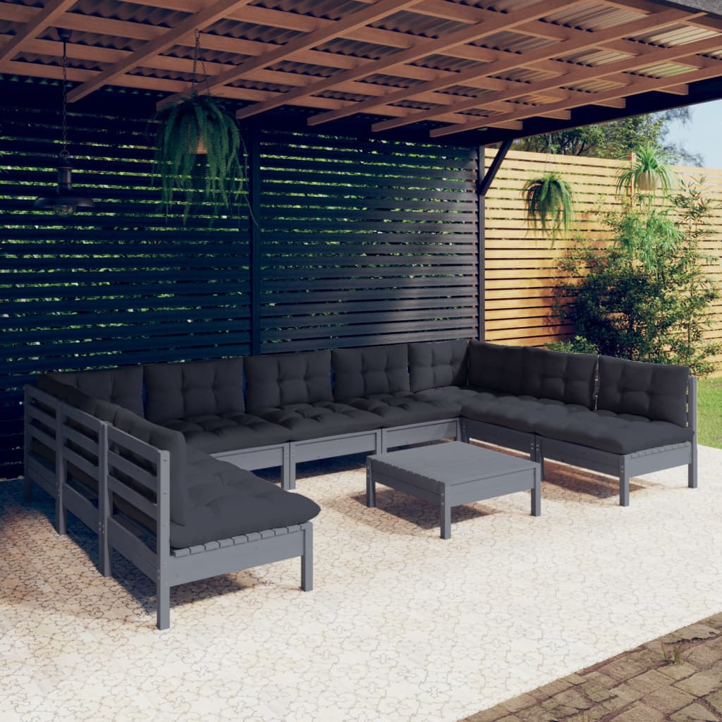 10-tlg. Garten-Lounge-Set mit Kissen Grau Kiefer Massivholz kaufen