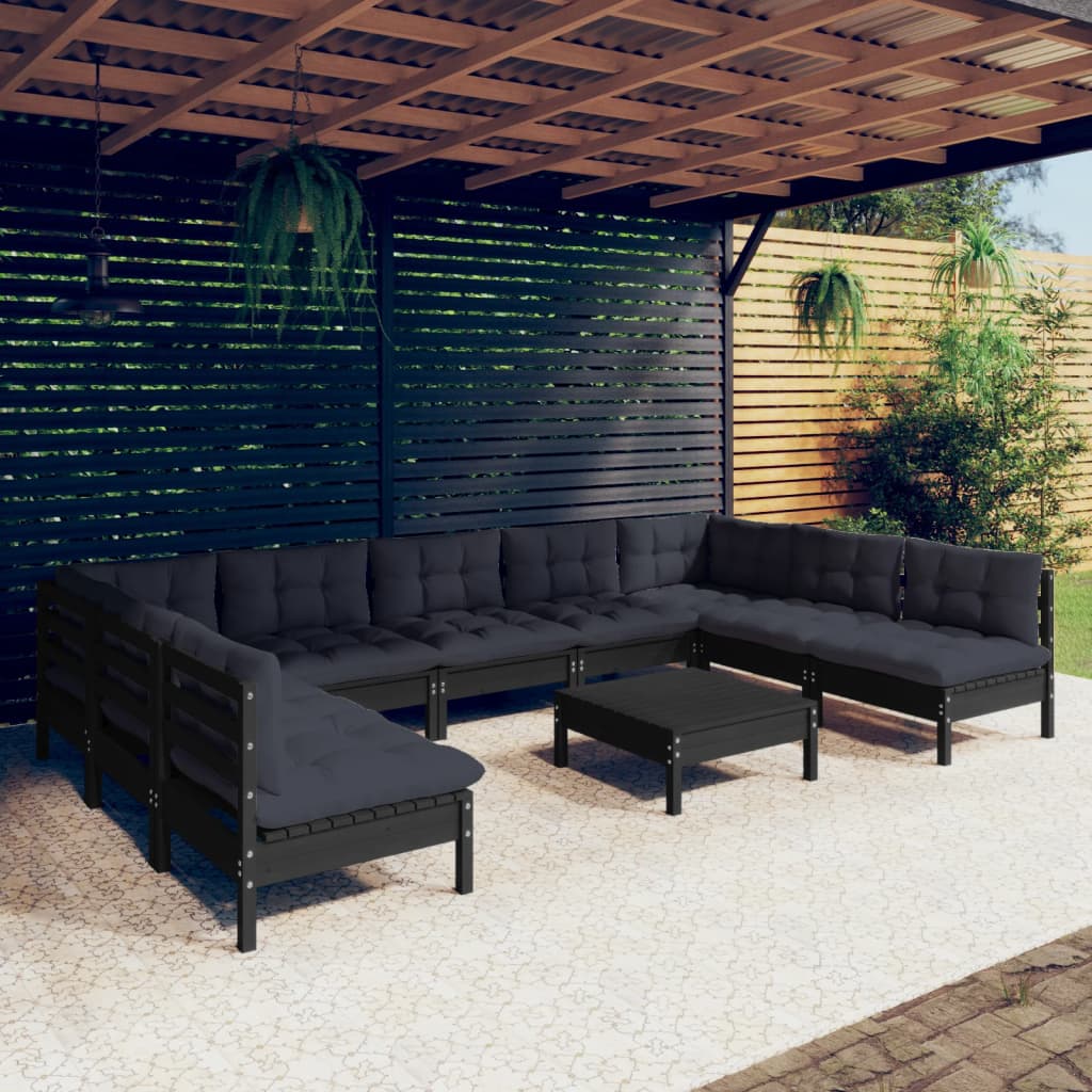 vidaXL 10 Piece Garden Lounge Set with Cushions Black Solid Pinewood