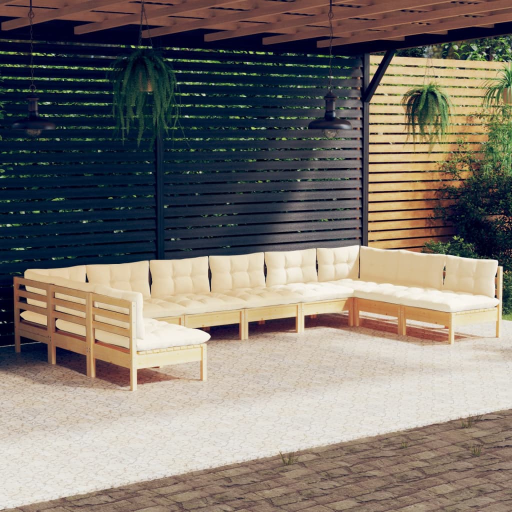 vidaXL Set mobilier grădină cu perne crem, 10 piese, lemn masiv de pin Crem imagine model 2022