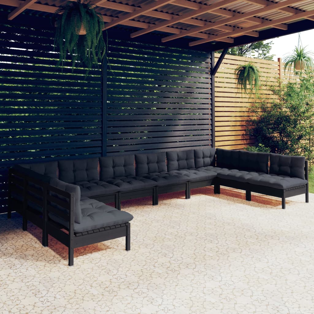 vidaXL 10-tlg. Garten-Lounge-Set mit Kissen Schwarz Kiefer Massivholz