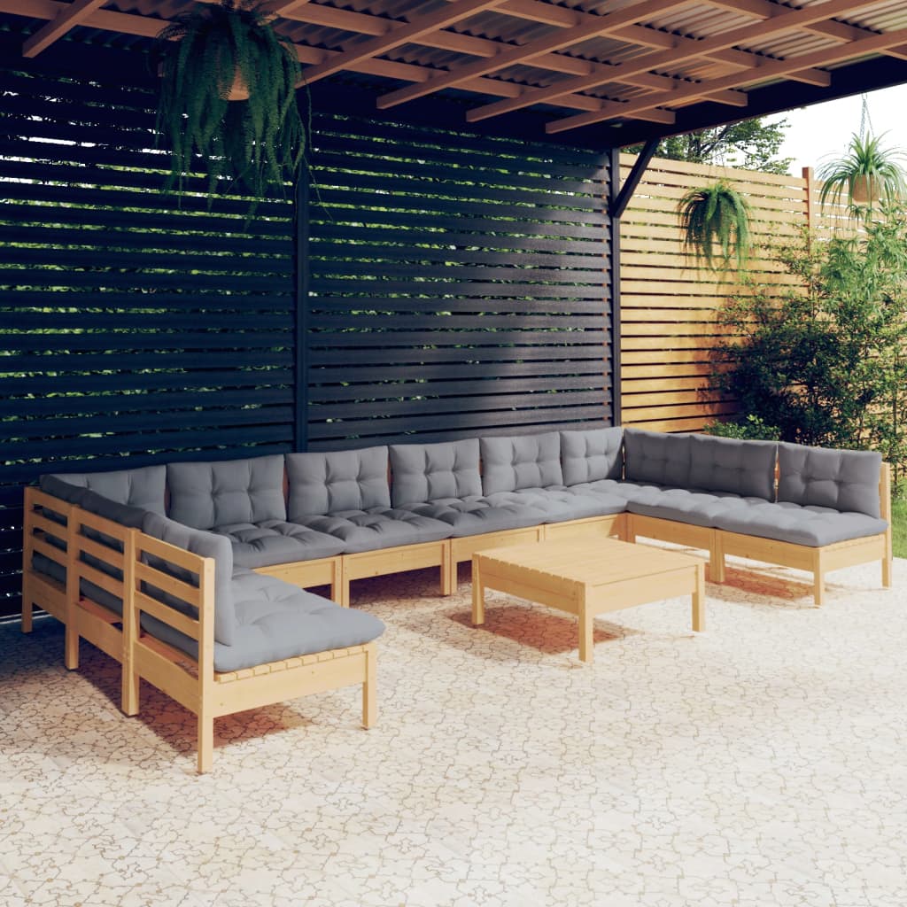 11-tlg. Garten-Lounge-Set mit Grauen Kissen Kiefer Massivholz kaufen