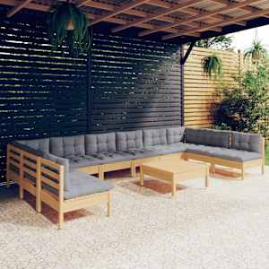 Vrtna sedežna garnitura 11-delna s sivimi blazinami borovina