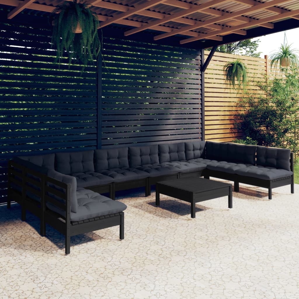 vidaXL 11-tlg. Garten-Lounge-Set mit Kissen Schwarz Kiefer Massivholz