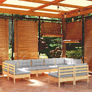 Vrtna sedežna garnitura 9-delna s sivimi blazinami borovina