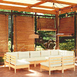 Vrtna sedežna garnitura 9-delna s krem blazinami trdna borovina