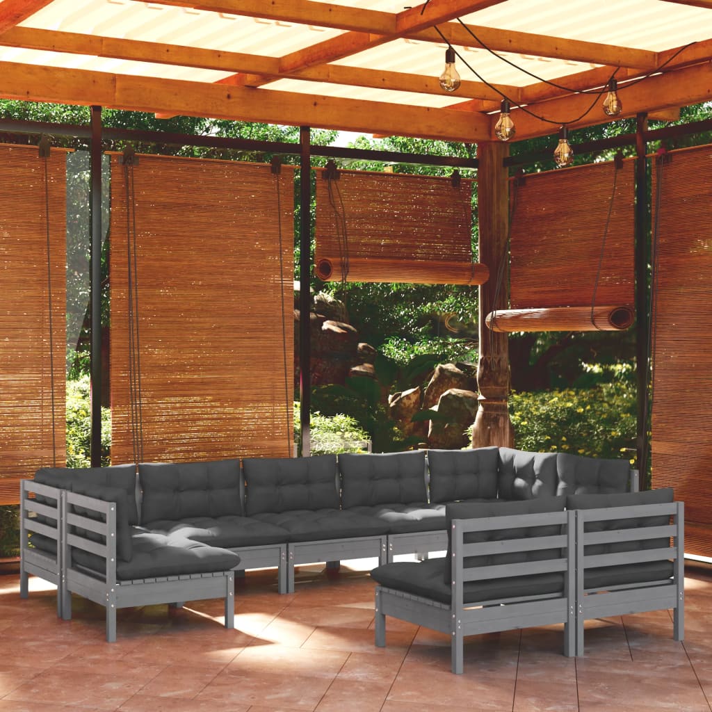 vidaXL Salon de jardin 9 pcs avec coussins Gris Bois de pin solide