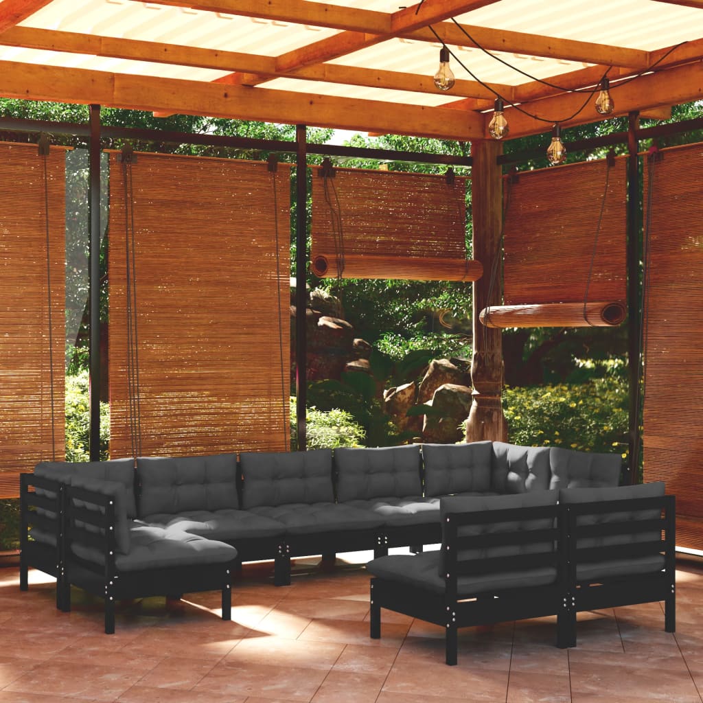 9-tlg. Garten-Lounge-Set mit Kissen Schwarz Massivholz Kiefer