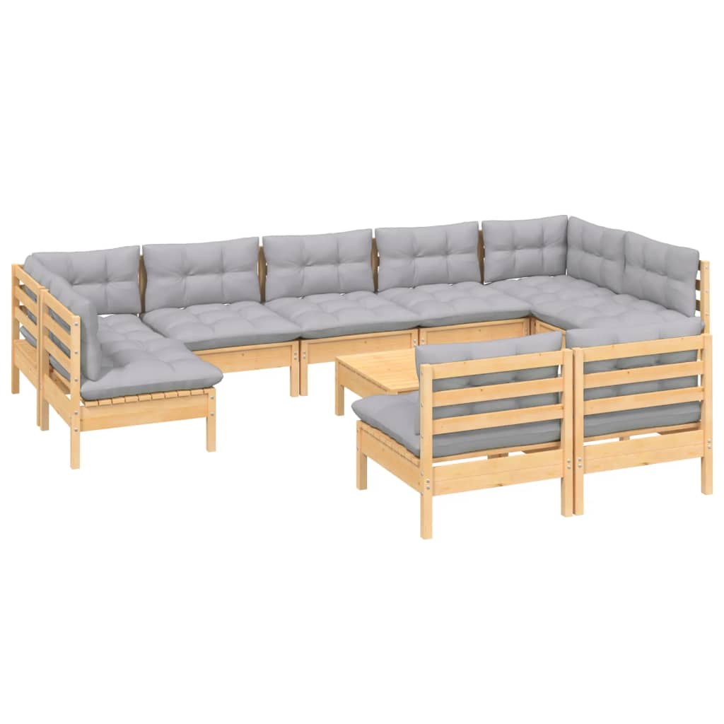 vidaXL 10-delige Loungeset met grijze kussens massief grenenhout afbeelding