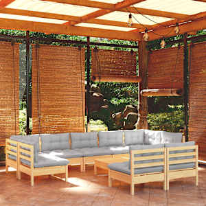 Vrtna sedežna garnitura 10-delna s sivimi blazinami borovina