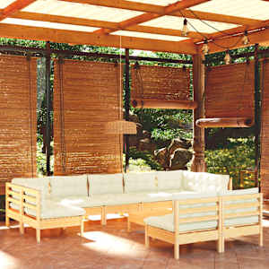 Vrtna sedežna garnitura 10-delna s krem blazinami borovina