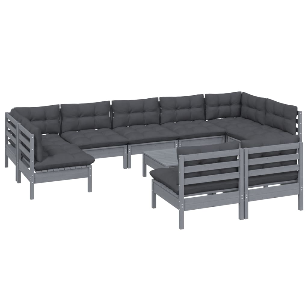 

vidaXL 10-delige Loungeset met kussens massief grenenhout grijs
