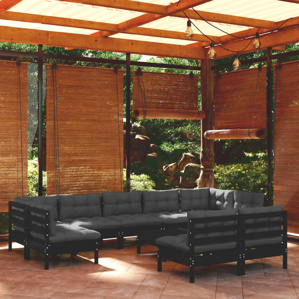 vidaXL 10-tlg. Garten-Lounge-Set mit Kissen Schwarz Massivholz Kiefer