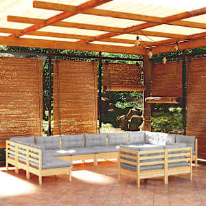 Vrtna sedežna garnitura 11-delna s sivimi blazinami borovina