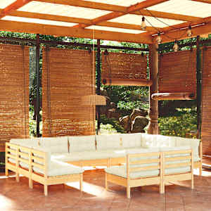 Vrtna sedežna garnitura 11-delna s krem blazinami borovina