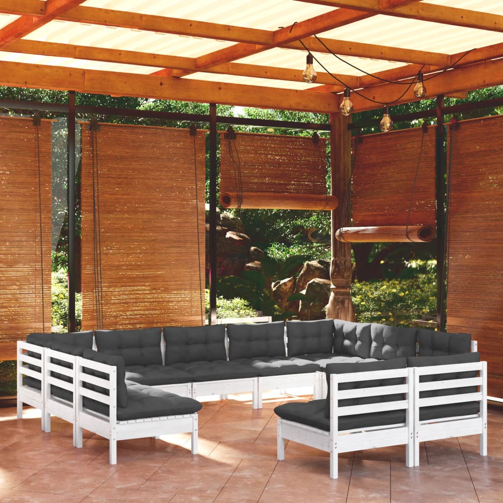 vidaXL Set mobilier de grădină cu perne, 11 piese, alb lemn masiv pin 