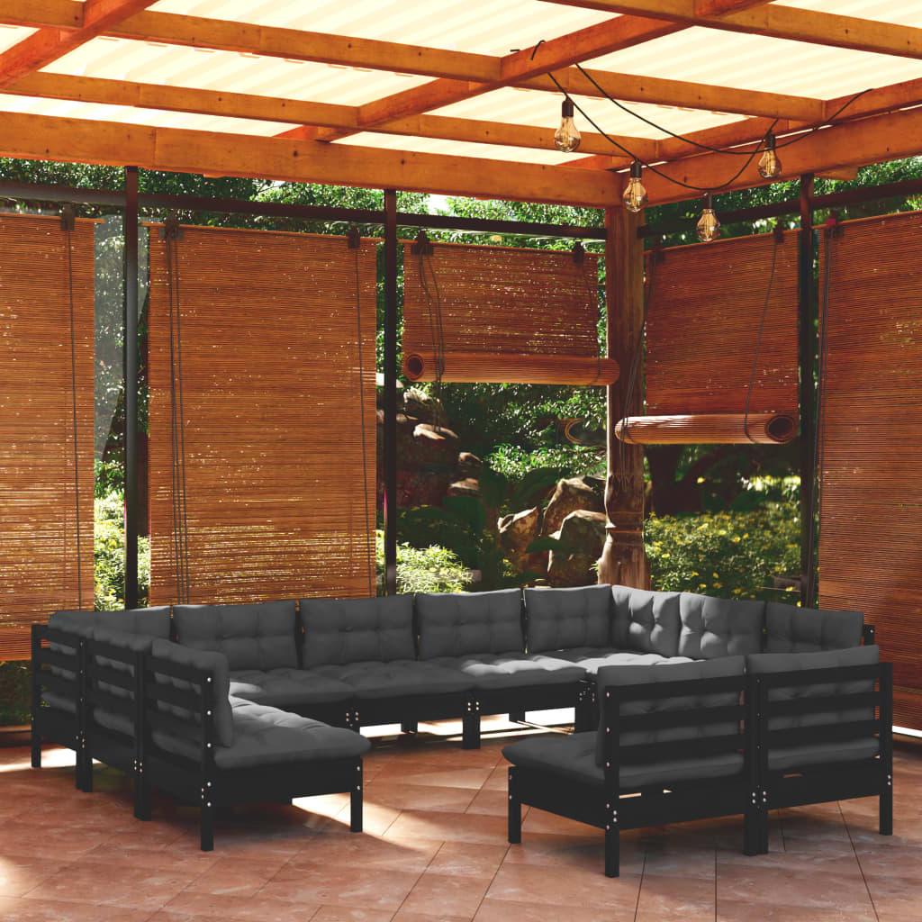 vidaXL 11-tlg. Garten-Lounge-Set mit Kissen Schwarz Kiefer Massivholz