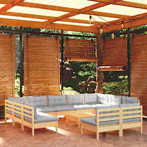 Vrtna sedežna garnitura 12-delna s sivimi blazinami borovina