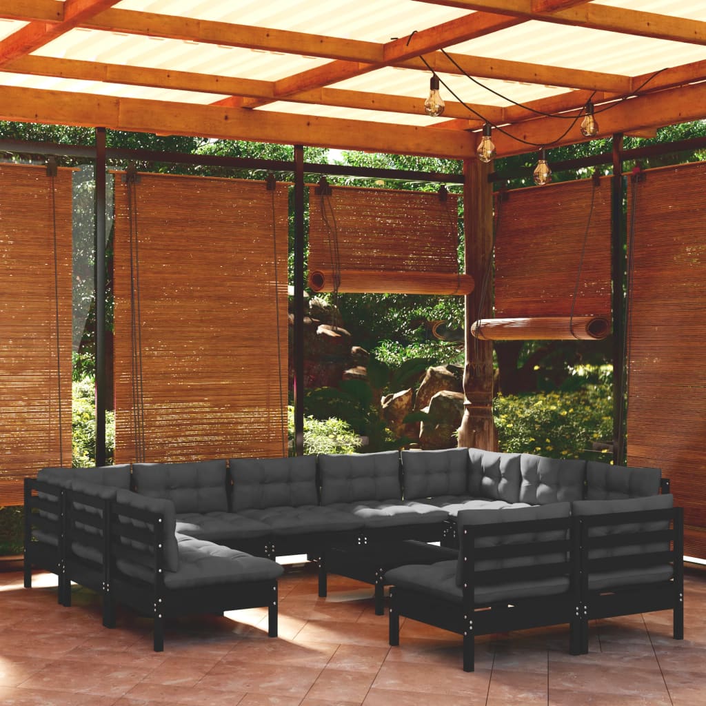 Salon de jardin 12 pcs avec coussins Noir Bois de pin massif