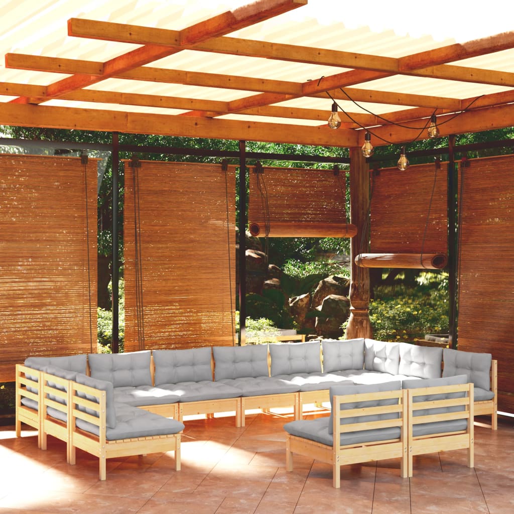 vidaXL loungesæt til haven 12 dele med grå hynder massivt fyrretræ